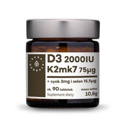 AURA HERBALS Witamina D3 (2000IU) + K2mk7 (75mcg) + Cynk + Selen - tabletki 10,8g (90 tabl.)