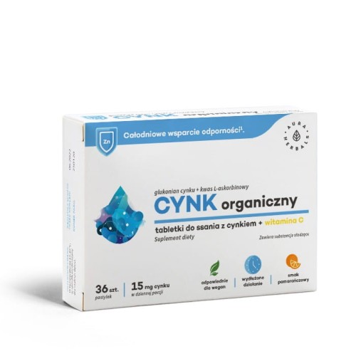 AURA HERBALS Cynk organiczny (15mg) + witamina C 36 pastylek do ssania