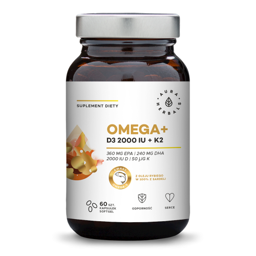 AURA HERBALS Omega+ Witamina D3 2000 IU + K2 60 kapsułek softgel