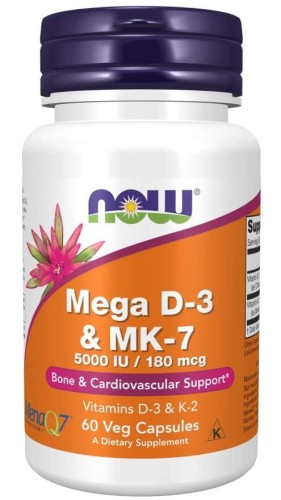 NOW FOODS Mega D-3 & K-2 MK-7 60 vcaps. (5000 IU/180 mcg)