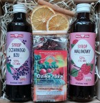 KOSZ PREZENTOWY KOSZ Z NATURALNYMI PRZETWORAMI SYROPY I HERBATA